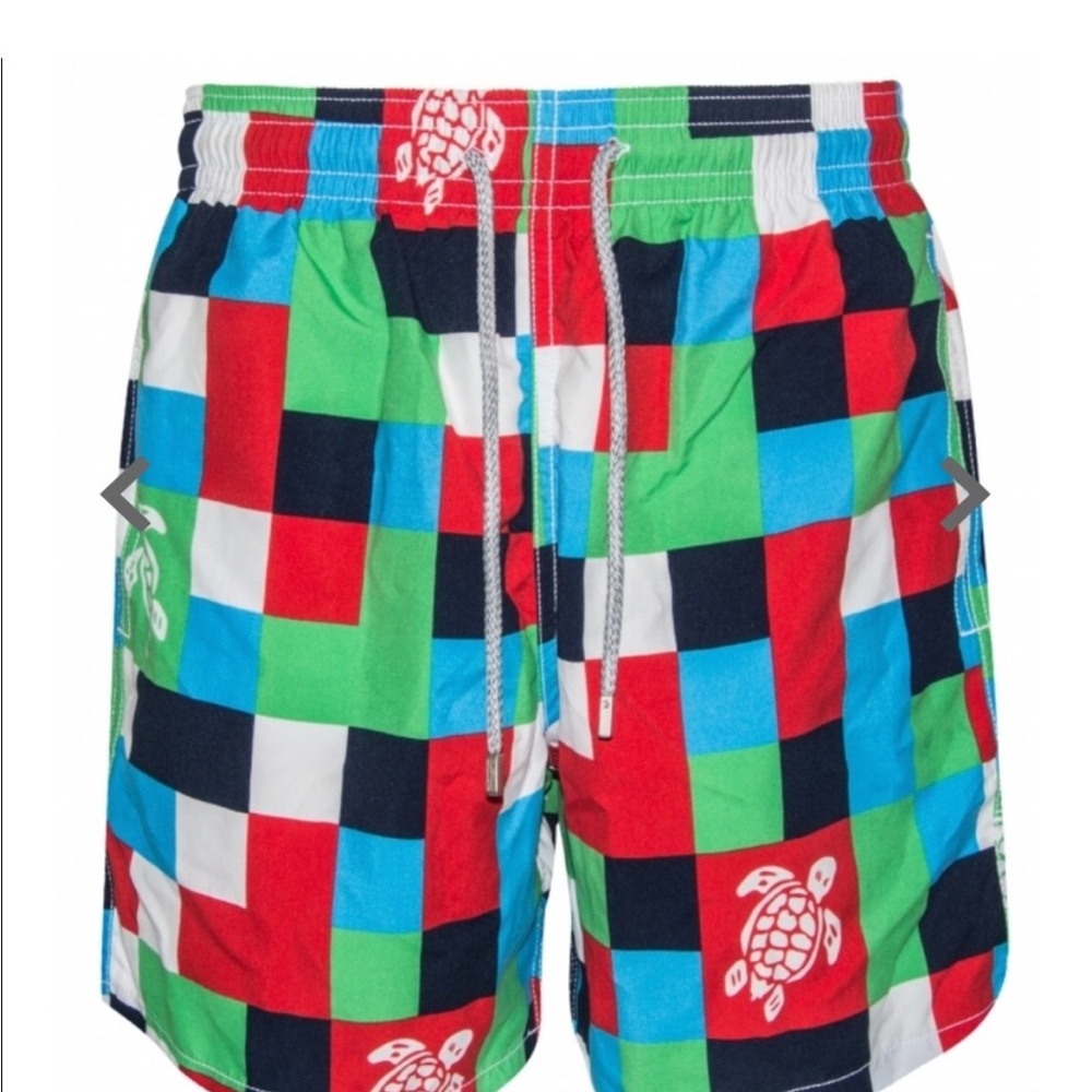 Vilebrequin Red and Green Swim Trunks with Turtle Design